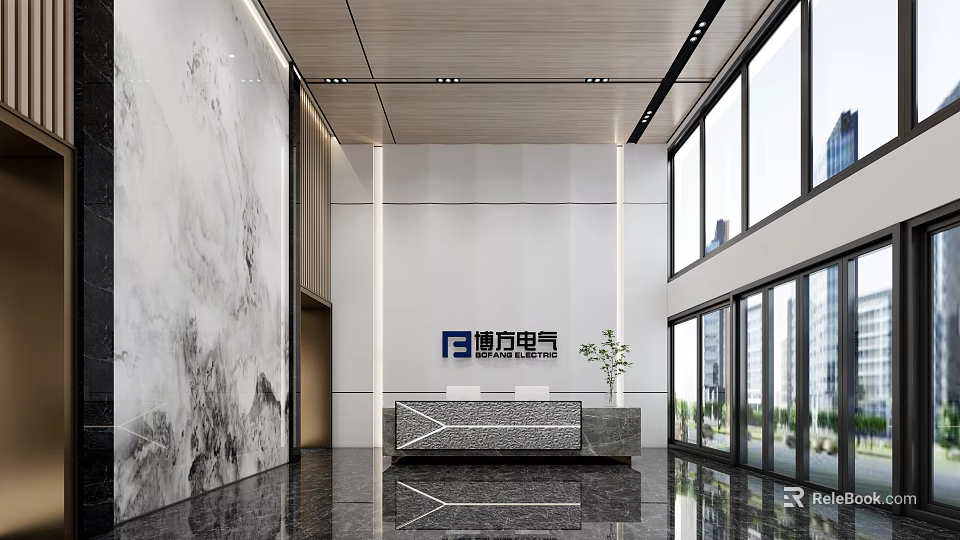 Elegant Modern Reception Desk With Marble Wall And Large Windows In Office Interior 3d model