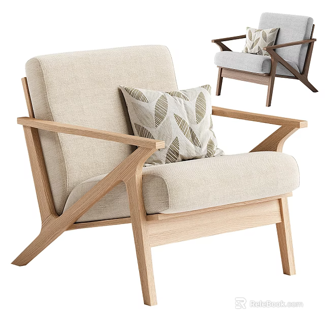 Modern Beige Armchair with Wooden Frame and Patterned Cushion for Living Room Decor 3d model 