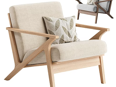 Modern Beige Armchair with Wooden Frame and Patterned Cushion for Living Room Decor 3d model