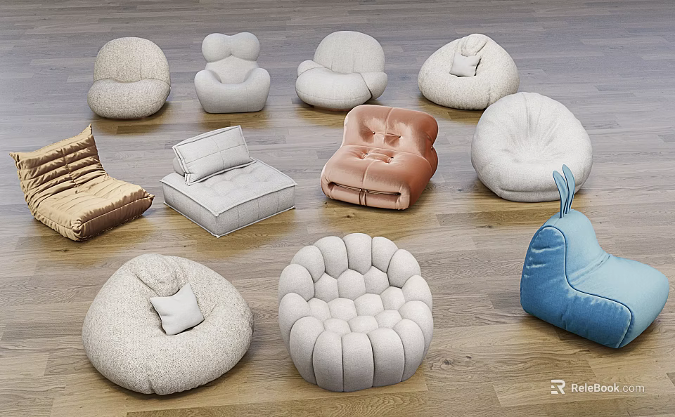 Various Styles of Comfortable Bean Bag Chairs with Different Colors for Living Room Decor 3d model 