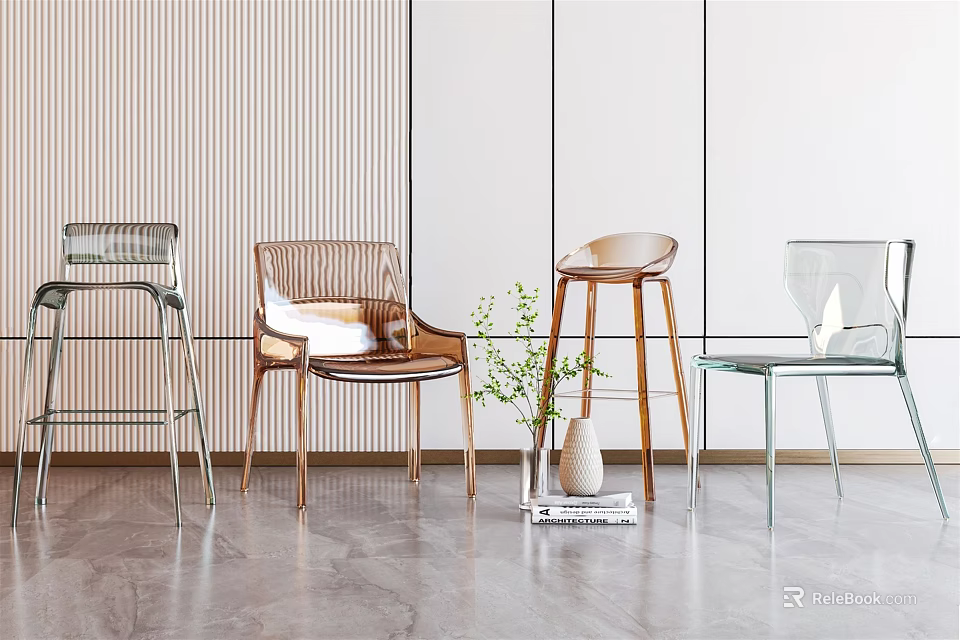 Stylish Lounge Chairs with Transparent Acrylic and Metal Frames in Modern Interior with Green Decor 3d model 