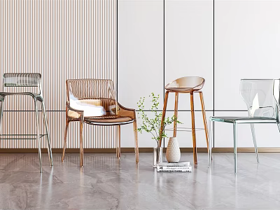 Stylish Lounge Chairs with Transparent Acrylic and Metal Frames in Modern Interior with Green Decor 3d model