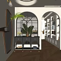 Stylish Entryway Hallway With Arched Glass Window Black Console Table Mirror Palm Plant And Bookshelves