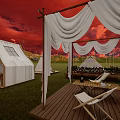 Cozy Outdoor Canopy with Table Chairs and Lighting Under Night Aurora Sky