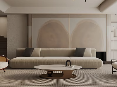 Modern Living Room Interior With Beige Sofa Black Cushions Round Coffee Table And Decorative Wall 3d model