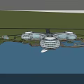 Stunning Hotel Building With Circular Structures On Waterfront And Green Landscape 3d model
