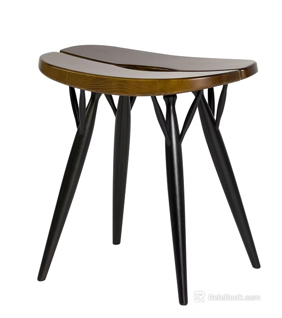 Modern Bar Stool With Wooden Curved Seat And Stylish Black Metal Legs Design 3d model 