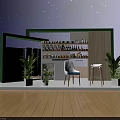 Modern Display Booth With Wooden Green Frame Shelves Bottles Jars Chairs And Green Plants