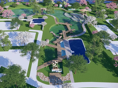 Tranquil Park Landscape With Cherry Blossom Trees Lush Green Lawns And Wooden Bridges 3d model
