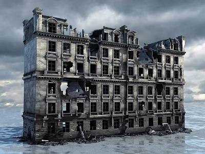 Ruined Building Facade With Broken Windows Damaged Walls And Water Surrounding Base Under Overcast Sky 3d model