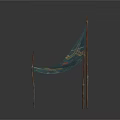 Triangle Cloth Canopy With Geometric Pattern Red Stars And Wooden Poles