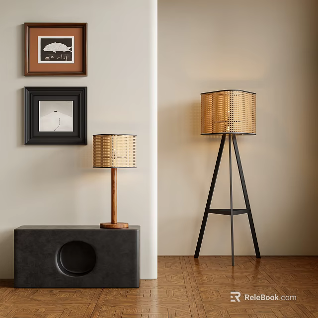 Woven Shade Floor Lamp With Black Tripod Stand In Living Room Interior 3d model 