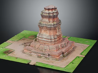 Ancient Brick Pagoda Layered Structure With Steps Base And Green Grass Platform 3d model