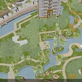 Lush Green Garden Landscape With Palm Trees Curved Pools Walkways And Surrounding Apartments