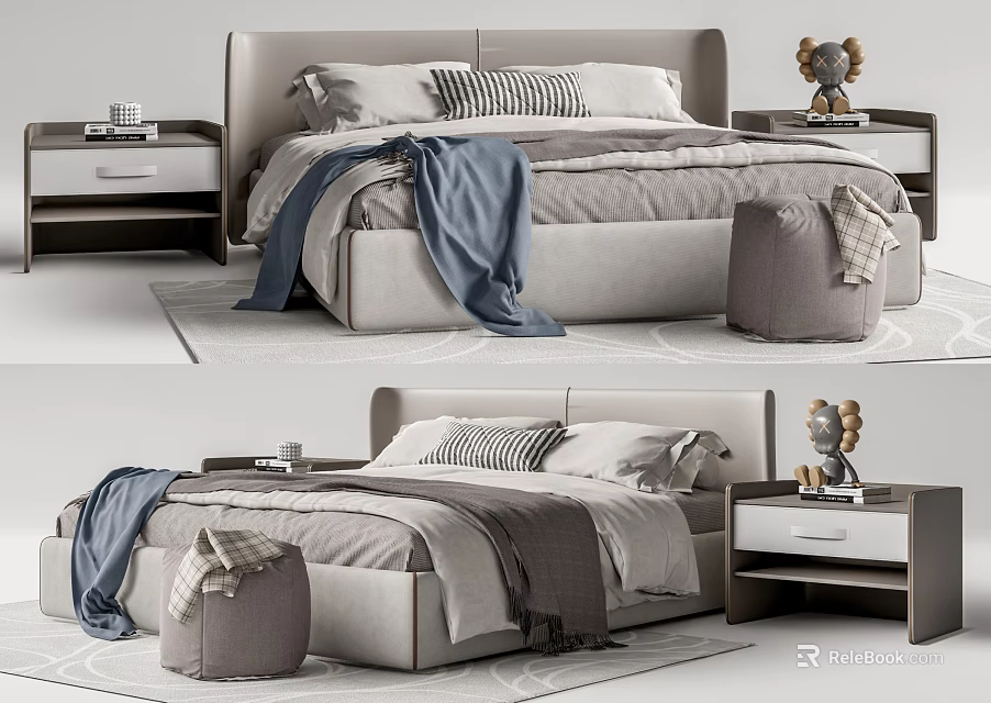 Modern Upholstered Double Bed With Gray Bedding Bedside Tables And Pouf 3d model 