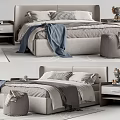 Modern Upholstered Double Bed With Gray Bedding Bedside Tables And Pouf 3d model