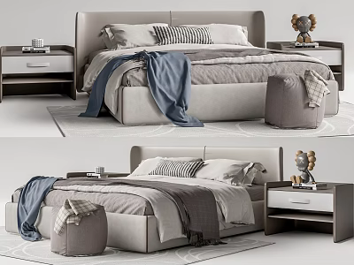 Modern Upholstered Double Bed With Gray Bedding Bedside Tables And Pouf 3d model