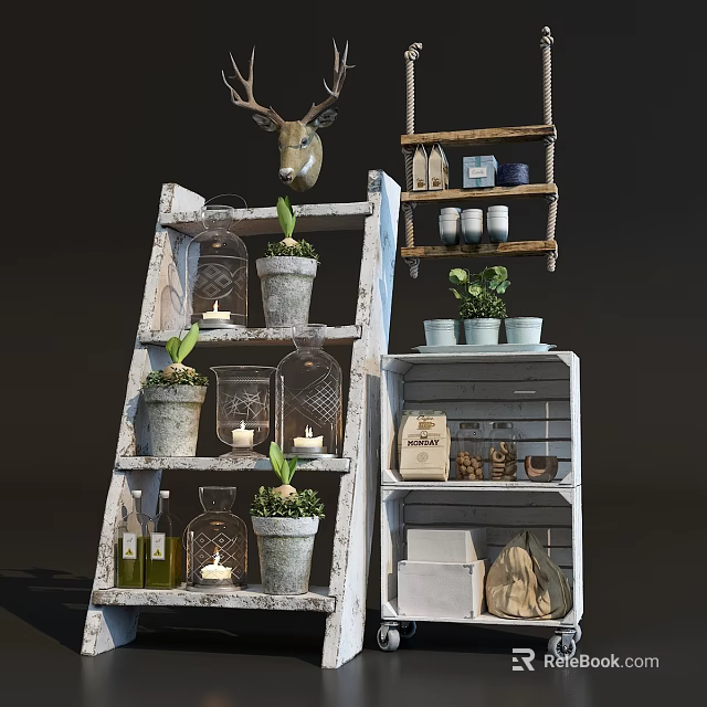 Rustic Shelving Units Ladder and Crate Style Displaying Plants Candles Bottles and Decor Items 3d model 