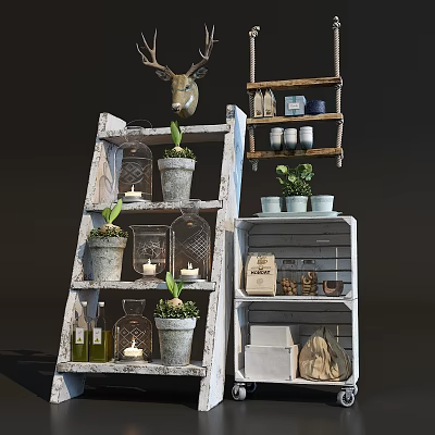 Rustic Shelving Units Ladder and Crate Style Displaying Plants Candles Bottles and Decor Items 3d model