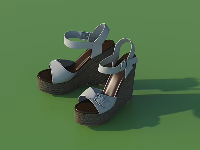 Stylish Women's Wedge Sandals With White Strap Upper And Brown Woven Sole 3d model