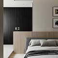 Modern Minimalist Bedroom Interior With Neutral Tones Wooden Headboard And Decorative Paintings