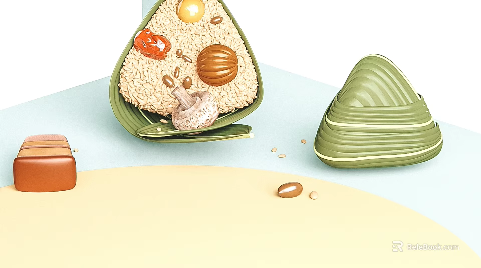 Traditional Chinese Glutinous Rice Zongzi With Red Dates Nuts And Reed Leaves Wrapped Triangular Dumpling 3d model 