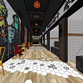 Cozy Restaurant Interior With Red Brick Walls Hexagonal Floor Tiles Colorful Tables And Chairs