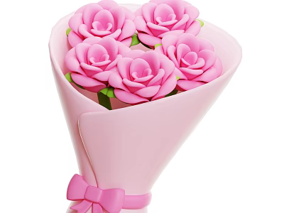 Beautiful Pink Roses Bouquet Wrapped in Pink Wrapping Paper with Green Leaves and Pink Bow 3d model