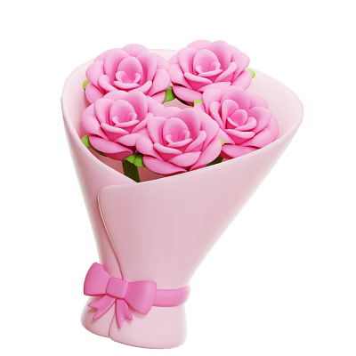 Beautiful Pink Roses Bouquet Wrapped in Pink Wrapping Paper with Green Leaves and Pink Bow 3d model