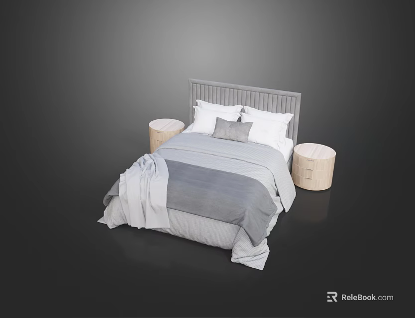 Double Bed with Gray Headboard Gray and White Bedding and Round Light Nightstands 3d model