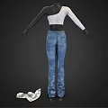 One Shoulder White Ribbed Knit Crop Top And Blue Denim Jeans Fashion Outfit