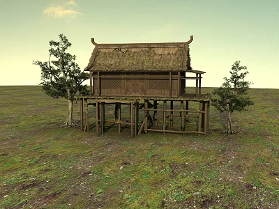 Scenic Traditional Thatched House with Wooden Stilts Surrounded by Trees in Grassland 3d model