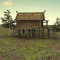 Scenic Traditional Thatched House with Wooden Stilts Surrounded by Trees in Grassland