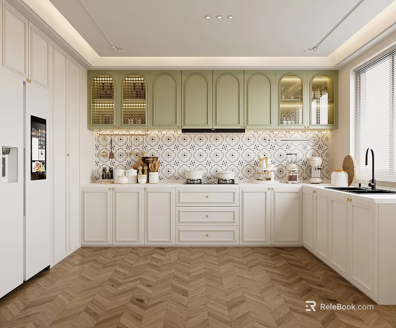 Elegant Modern Kitchen Interior With White Cabinets Green Upper Cabinets Patterned Backsplash And Herringbone Floor 3d model 