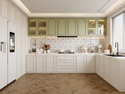 Elegant Modern Kitchen Interior With White Cabinets Green Upper Cabinets Patterned Backsplash And Herringbone Floor 3d model