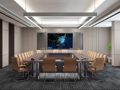Modern Conference Room Interior With Long Table Leather Chairs Large Screen And Sleek Lighting 3d model