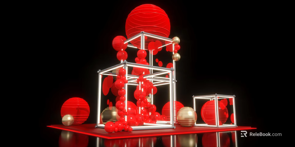 Red Lanterns Decorative Arrangement With Stacked Metal Frames And Golden Balls On Red Base 3d model 