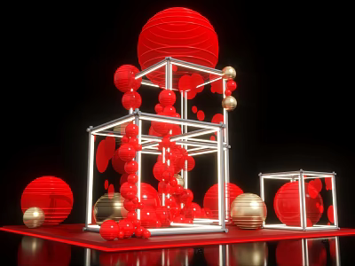 Red Lanterns Decorative Arrangement With Stacked Metal Frames And Golden Balls On Red Base 3d model