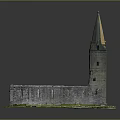 Ancient Church Ruin Model With Tall Spire Stone Structure And Grass Base