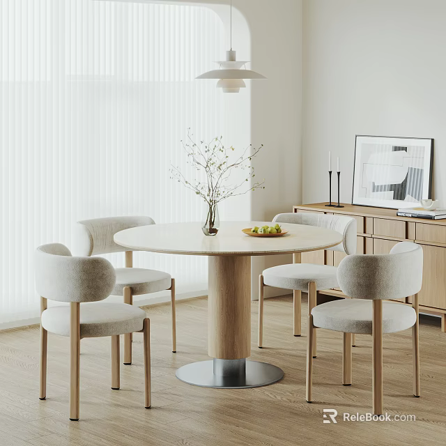 Modern Restaurant Interior With Round Dining Table Light Colored Chairs Flower Vase And Ceiling Lamp 3d model