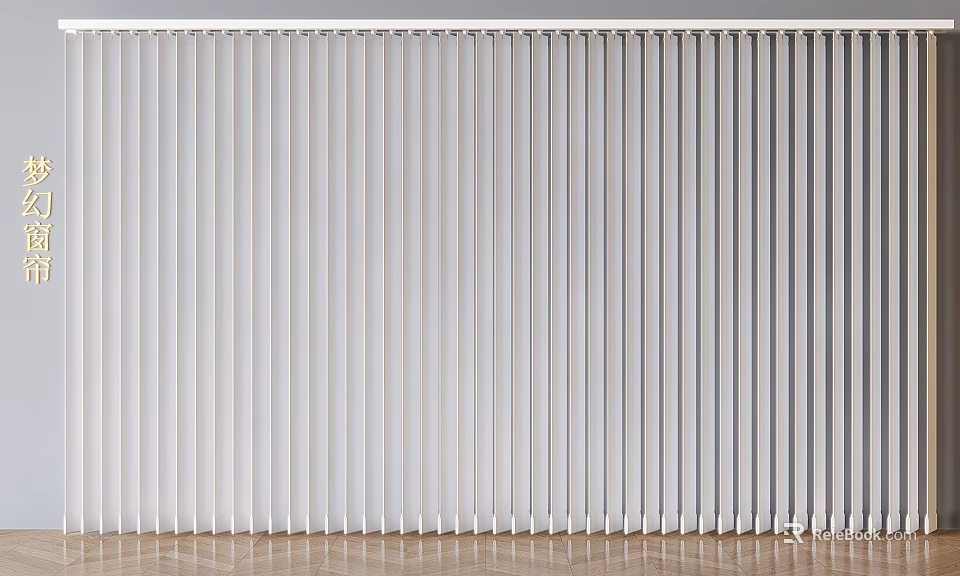 White Vertical Blinds Neatly Arranged in Indoor Space with Wooden Floor 3d model 