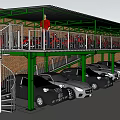 Multi Level Parking Structure Featuring Brick Wall Green Metal Frame Spiral Staircase Platform Parked Cars