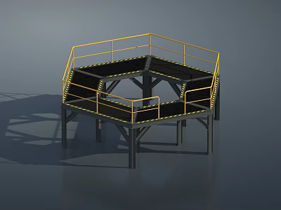 Industrial Hexagonal Metal Platform With Yellow Railings Black Steps And Support Structure 3d model