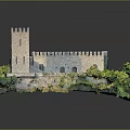 Medieval Castle Structure Featuring Stone Tower Arched Doors And Lush Greenery 3d model
