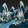 Scenic Cartoon Winter Scene Featuring Snowy Mountains Pine Trees And Stream