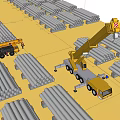 Industrial Equipment Yellow Crane Lifting Neatly Arranged Black Pipes At Construction Site