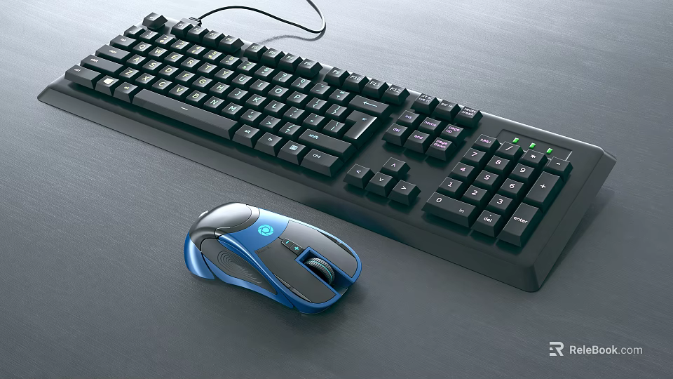 Ergonomic Wired Computer Keyboard And Blue Mouse With LED Lights For Gaming Use 3d model 