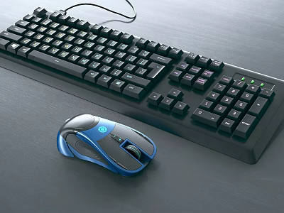 Ergonomic Wired Computer Keyboard And Blue Mouse With LED Lights For Gaming Use 3d model