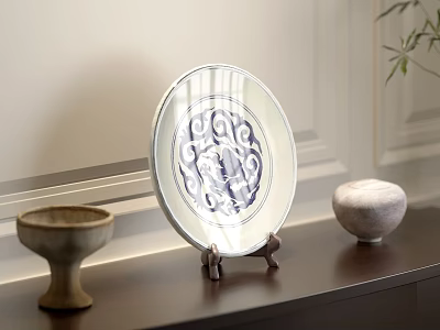 Decorative Ornament Set With Blue And White Porcelain Plate On Stand And Small Ornaments 3d model