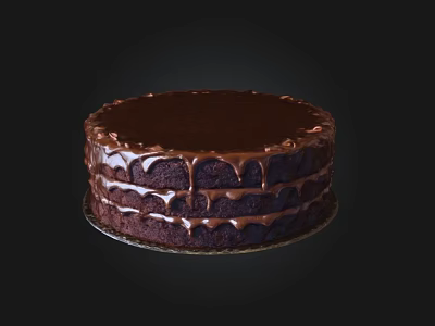 Rich And Decadent Layered Chocolate Cake With Dripping Chocolate Glaze On Platter 3d model